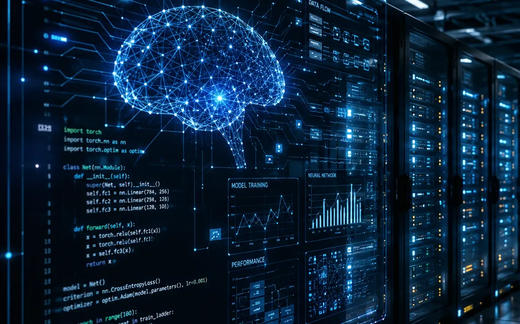 Visualización de un sistema de inteligencia artificial conectado a la infraestructura de datos de una empresa