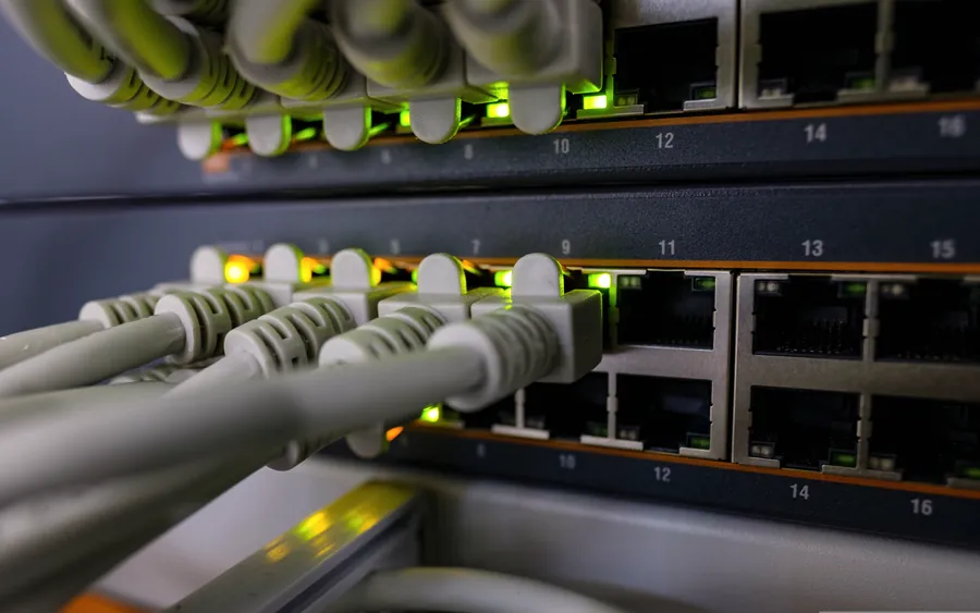 Cables de red conectados al panel de parcheo de un switch, con los testigos de enlace encendidos